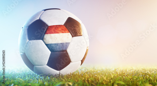 Football soccer ball with flag of the Netherlands on grass