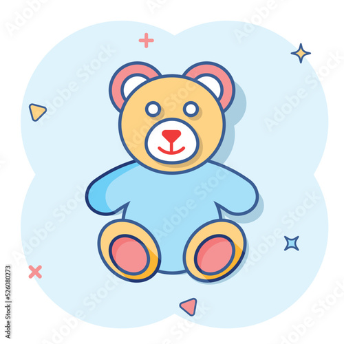 Vector cartoon teddy bear plush toy icon in comic style. Teddy toy sign illustration pictogram. Bear business splash effect concept.