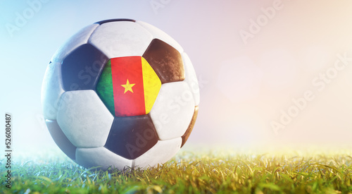 Football soccer ball with flag of Cameroon on grass