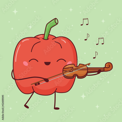 Kawaii pepper playing violin. Cartoon vegetable character on green background. Classical musical instrument. Doodle vector illustration.