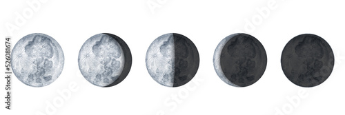 Moon phases on white background. Galaxy Hand drawn isolated watercolor illustration of cycle from new to full moon.