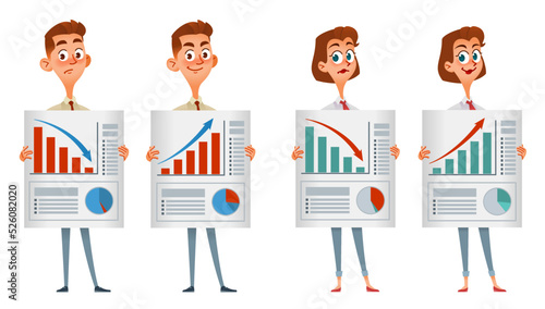 Set of cartoon business man and woman holding decreasing chart and growing chart. Progress and regress in business concept. Vector illustration. Isolated on white. 