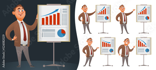Set of funny cartoon businessman showing charts at presentation with different poses and emotions.  Progress and regress in business concept. Vector illustration. Isolated on white.