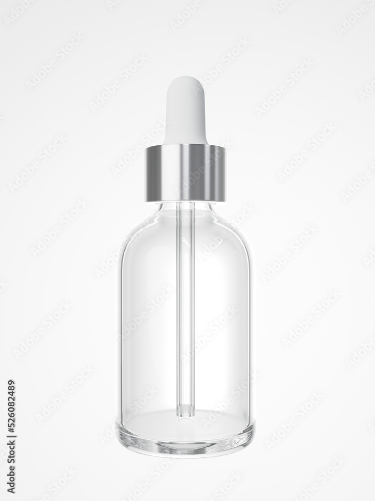 White glass cosmetic serum dropper bottle 3D render, care product packaging White glass cosmetic serum dropper bottle 3D render, care product packaging