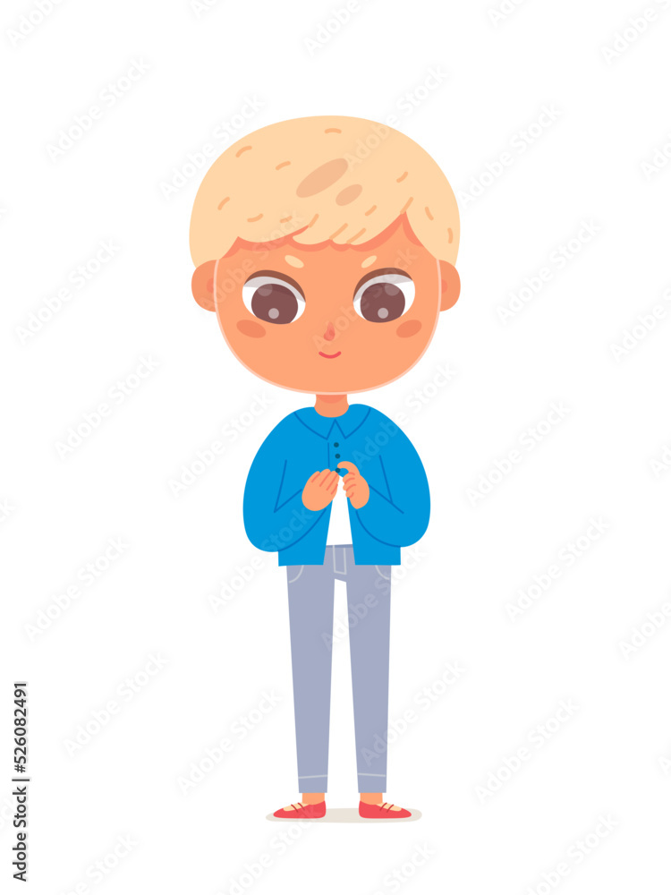 Boy wearing cotton blue shirt, isolated adorable child buttoning shirt, fastening buttons Boy wearing cotton blue shirt, isolated adorable child buttoning shirt, fastening buttons