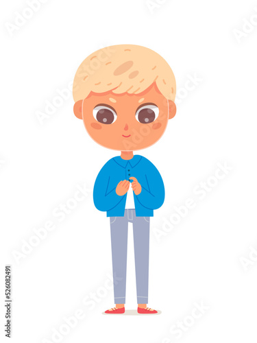 Boy wearing cotton blue shirt, isolated adorable child buttoning shirt, fastening buttons