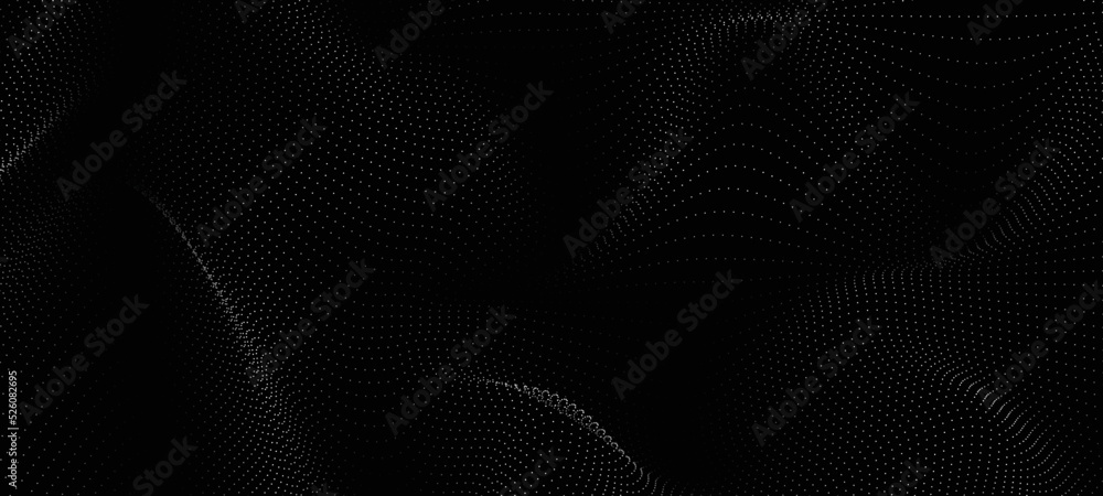 Flowing dots particles wave pattern white light isolated on black background. Vector in concept of technology, science, music, modern. Black Friday social media sale banner background Flowing dots particles wave pattern white light isolated on black background. Vector in concept of technology, science, music, modern. Black Friday social media sale banner background
