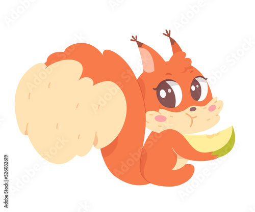 Cute squirrel character eating piece of apple, hungry forest animal holding fruit to eat