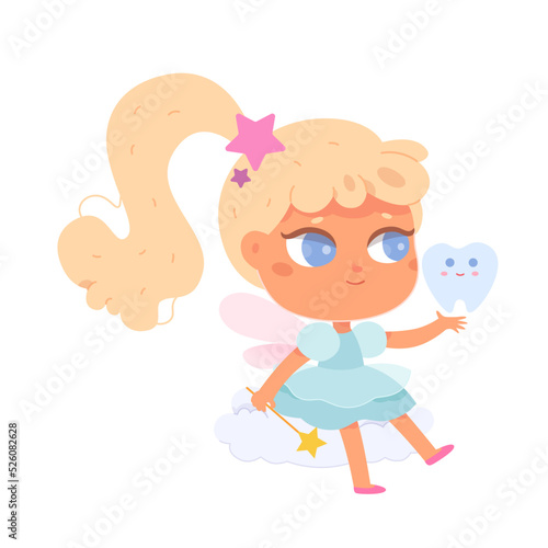 Tooth fairy and kids molar characters vector illustration. Cartoon isolated cute girl elf with pink butterfly wings and dress walking, cheerful little funny godmother visiting baby losing teeth