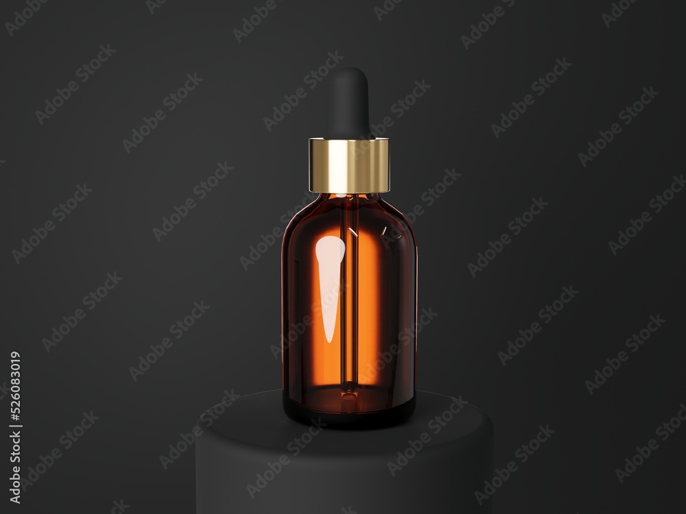 Cosmetic serum dropper brown glass bottle 3D render, care product packaging