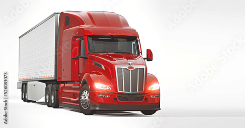 Canvas-taulu 3D illustration of red sleeper semi truck on the white background
