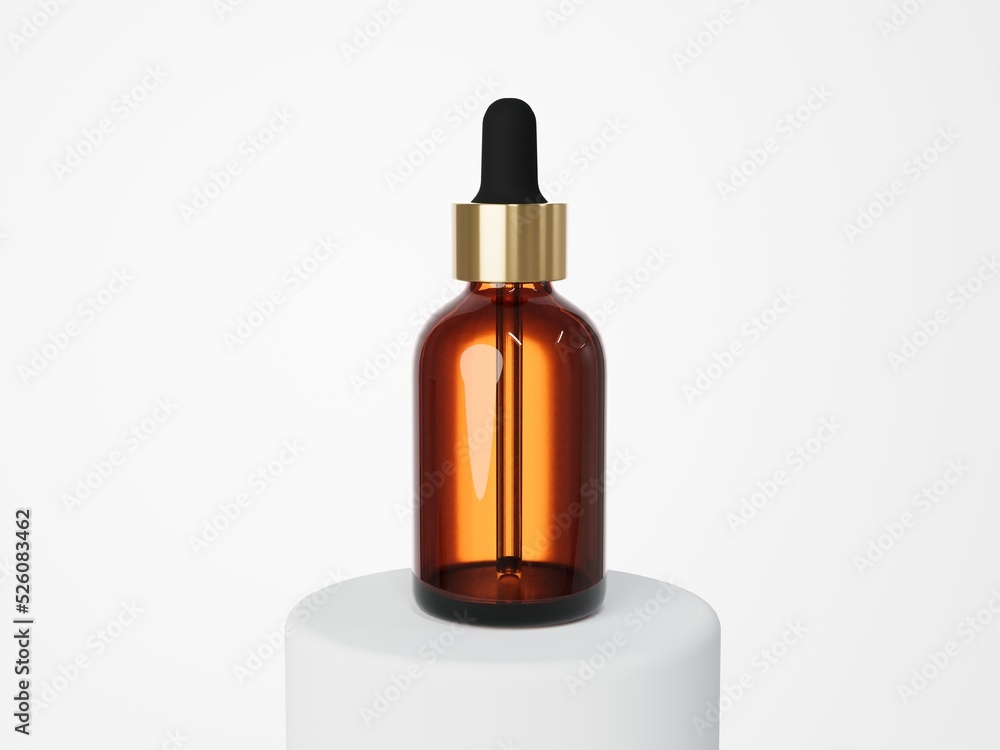 Cosmetic serum dropper brown glass bottle 3D render, care product packaging