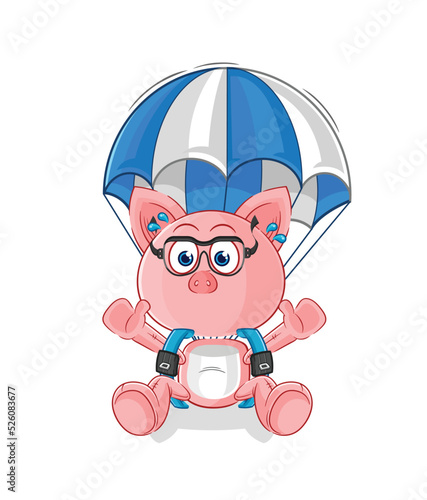 pig skydiving character. cartoon mascot vector