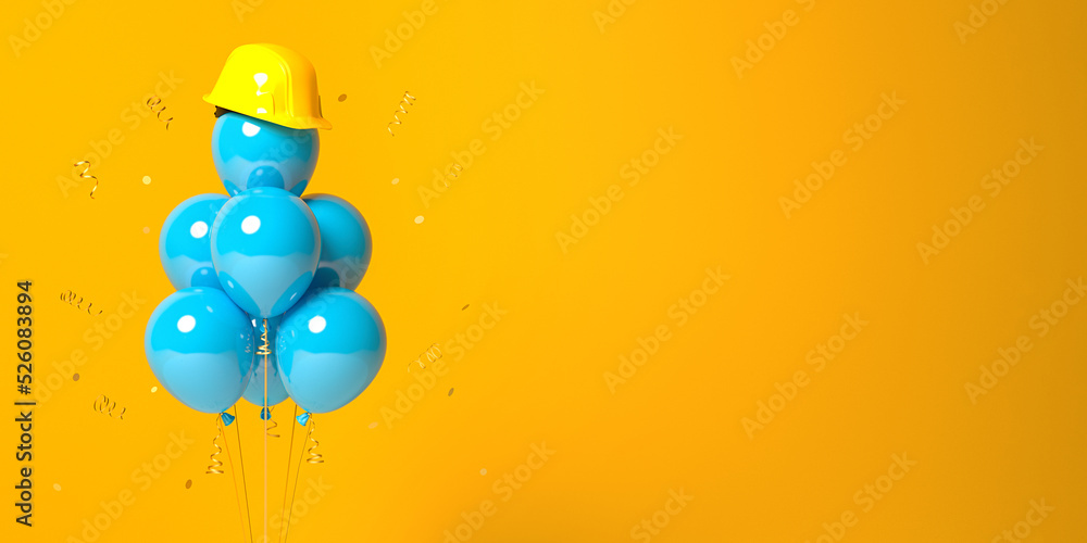 Air balloons with a protective helmet on a yellow background.
3D render template for the Builder's Day, Labor Day, the building company anniversary or a new project start banner. - obrazy, fototapety, plakaty 