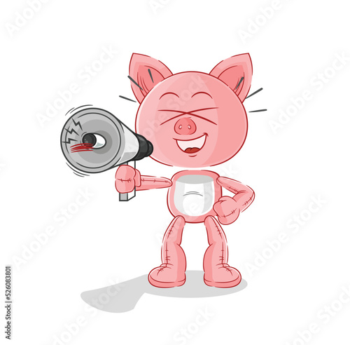 pig holding hand loudspeakers vector. cartoon character
