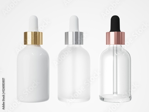 Three different cosmetic serum dropper bottles 3D render, care product packaging