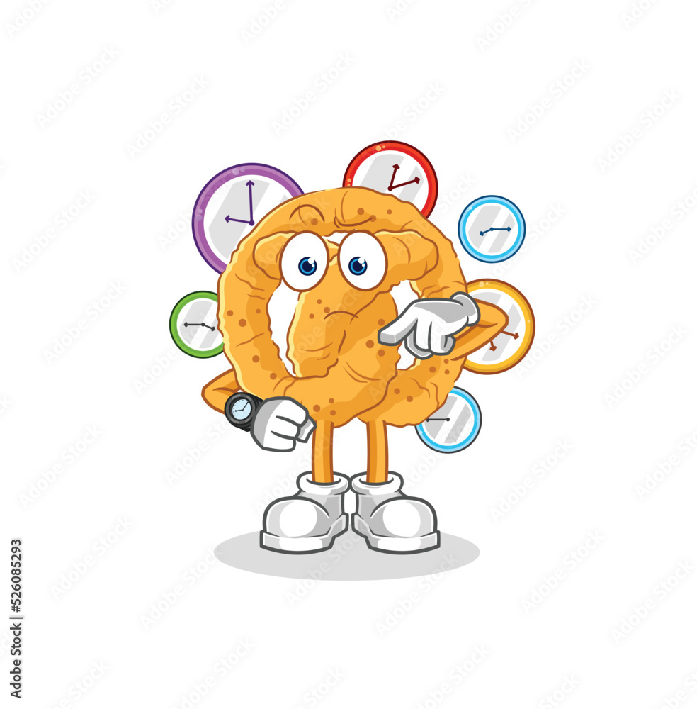 pretzel with wristwatch cartoon. cartoon mascot vector
