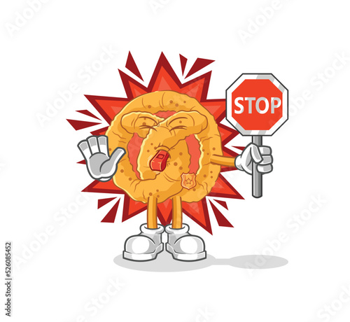 pretzel holding stop sign. cartoon mascot vector