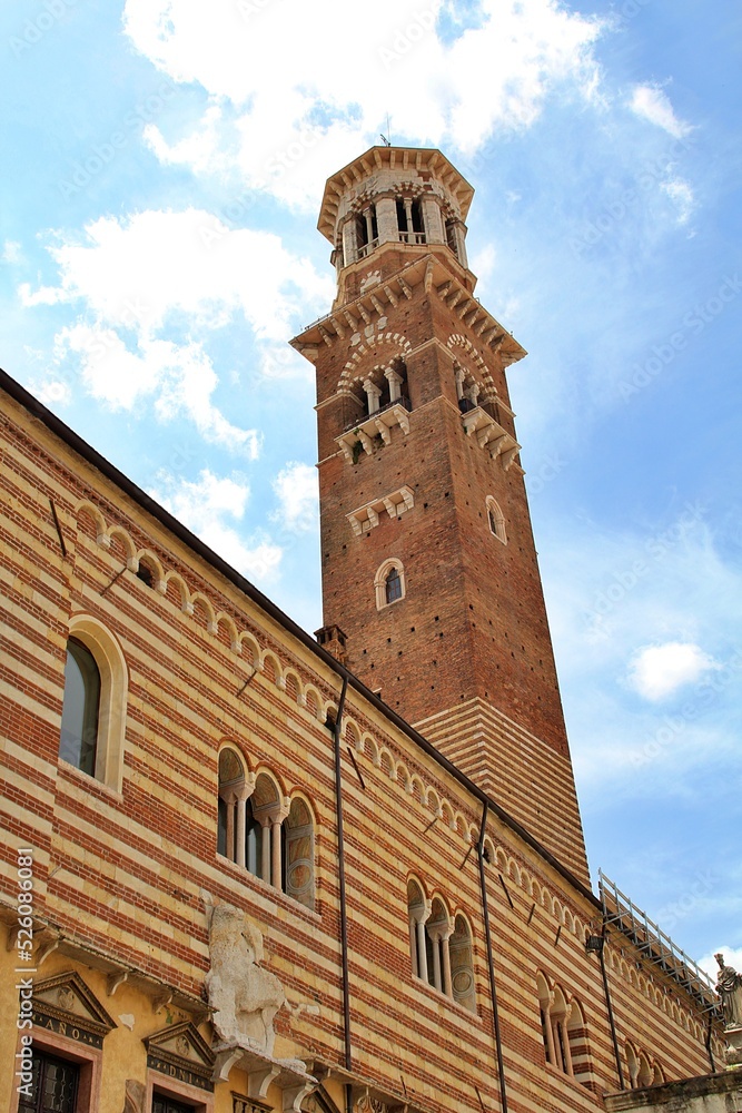 historic tower building, Italian historic architecture, Verona architecture, old tower, blue sky with white clouds