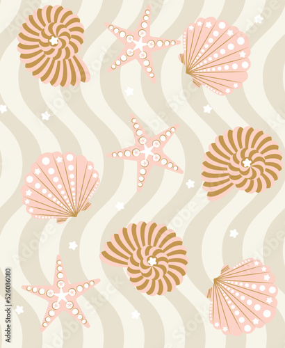 Abstract Geometric Decorative Seashell Starfish Wavy Stripes Seamless Pattern Trendy Fresh Fashion Colors Perfect for Swimwear Fabric Allover Print