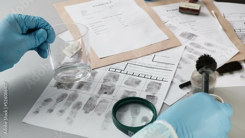 Forensic fingerprint analysis, criminalist collects latent fingerprints using fingerprint powder on evidence -  glass cup