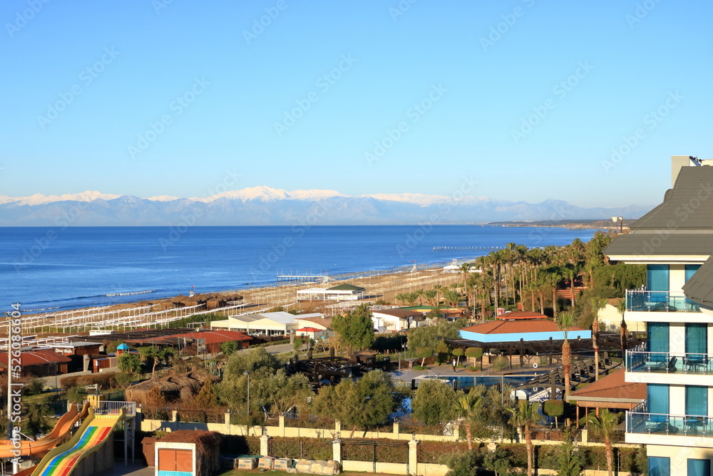 Aerial View Of The Beach On Turkish Riviera. Evrenseki, Side, Mediterranean Sea Coast, Touristic Beach Antalya