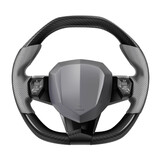 Realistic vector steering wheel supercar auto parts for steering direction control covered with gray rubber and black Kevlar pattern with control mode on white background.