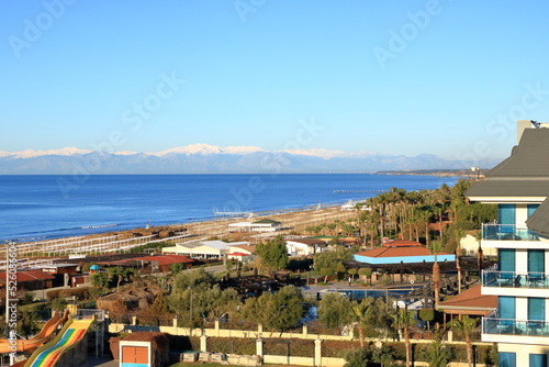 Fototapeta Naklejka Na Ścianę i Meble -  Aerial View Of The Beach On Turkish Riviera. Evrenseki, Side, Mediterranean Sea Coast, Touristic Beach Antalya