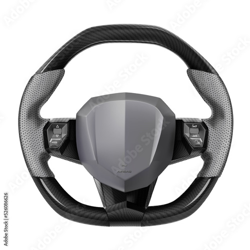 Realistic vector steering wheel supercar auto parts for steering direction control covered with gray rubber and black Kevlar pattern with control mode on white background.