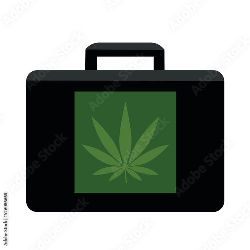 Briefcase with hemp leaf on white background