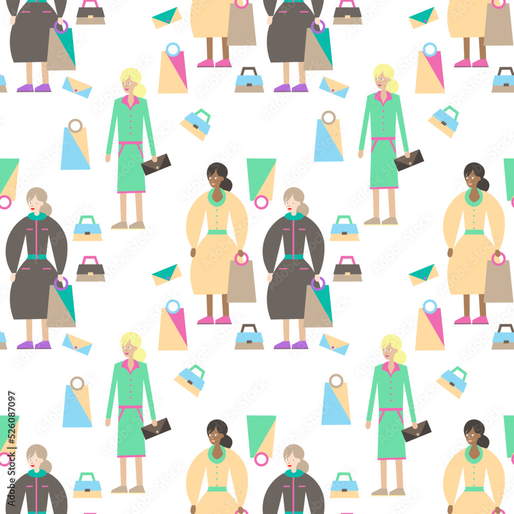 Fototapeta premium Seamless vector people pattern with ladies in different dresses and shopping bag on white background. Women. Drawing for gift wrapping paper or textile.