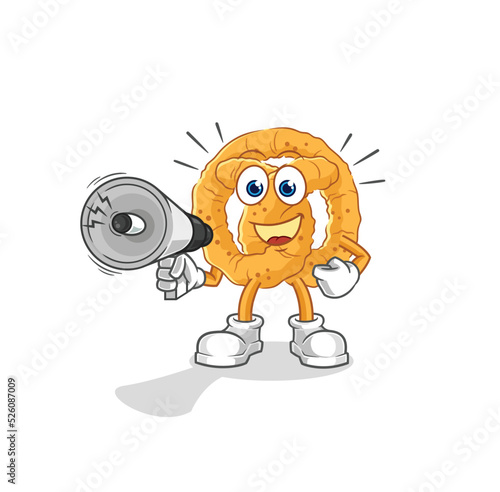 pretzel holding hand loudspeakers vector. cartoon character