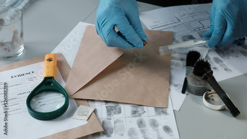 Forensic expert criminologist packs evidence - a bullet in a paper envelope photo