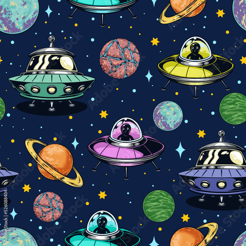 Aliens colorful vintage seamless pattern