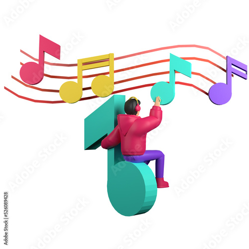 3d render illustration of male sitting on musical notes with sound wave background 