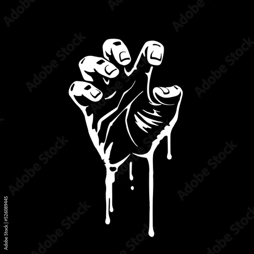 Evil hand with a crooked fingers. White palm of zombie on the black background. Rough outline with a paint streaks. Vector poster for Halloween, original print for t-shirts. Grunge stencil style