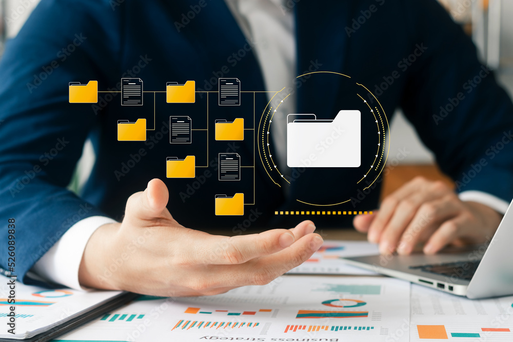 Document management concept. Virtual screen icons Document Management  System DMS Online document database, software for efficient archiving,  searching and management of company files and data. Photos | Adobe Stock