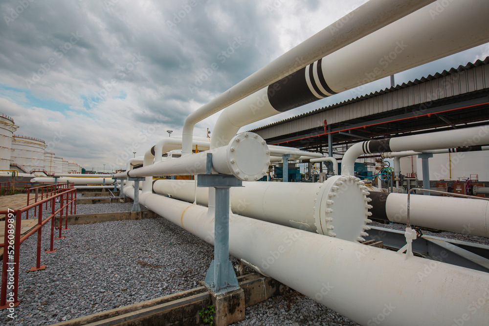 Steel long pipes and pipe elbow in station oil factory during refinery Petrochemistry industry Steel long pipes and pipe elbow in station oil factory during refinery Petrochemistry industry