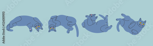 Blue lazy playful Cats lying in various poses. Uncomfortable positions. Funny cute characters set. Hand drawn modern Vector illustration. T-shirt print, poster, sticker, card, logo design template