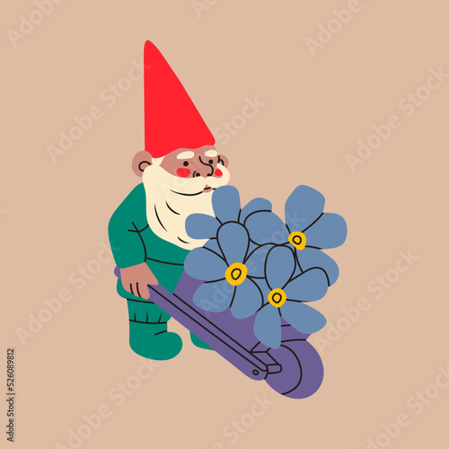 Garden gnome with wheelbarrow and flowers. Hand drawn modern Vector isolated illustration. Poster, card, print, design template. Cute fairy tale character. Garden elf. Cartoon style