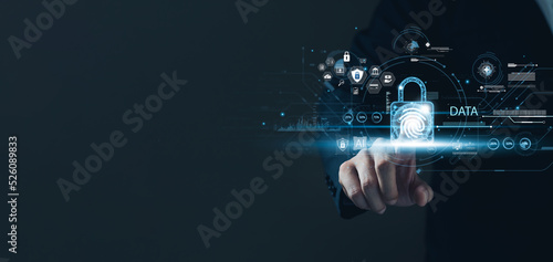 Businessman using fingerprints to access business information, biometric identification and cybersecurity network, digital cybercrime anti-crime technology innovation, data protection privacy concept. photo