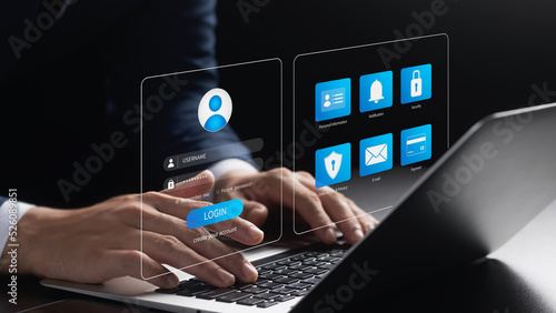 cybersecurity concept Global network security technology, business people protect personal information. Encryption with a padlock icon on the virtual interface.