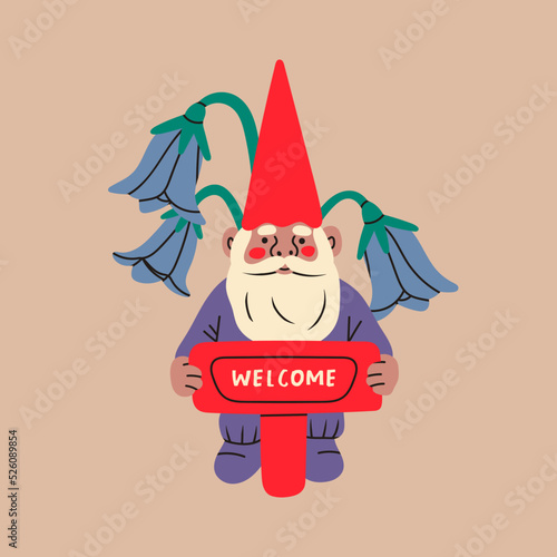 Garden gnome with welcome sign and flowers. Hand drawn modern Vector isolated illustration. Poster, card, print, design template. Cute fairy tale character. Garden elf. Cartoon style