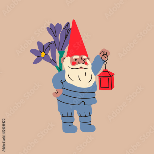 Garden gnome with lantern and flowers. Hand drawn modern Vector isolated illustration. Poster, card, print, design template. Cute fairy tale character. Garden elf. Cartoon style