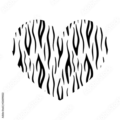 Heart with tiger print texture. Abstract design element with wild animal tiger stripes skin pattern. Vector black and white striped heart for fashion print design  tag  Valentines card.
