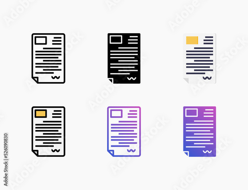 Document File icon set with different styles. Style line, outline, flat, glyph, color, gradient. Can be used for digital product, presentation, print design and more.