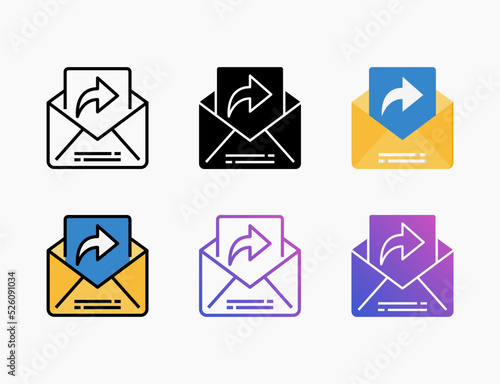 Forward or Reply Mail icon set with different styles. Style line, outline, flat, glyph, color, gradient. Can be used for digital product, presentation, print design and more.