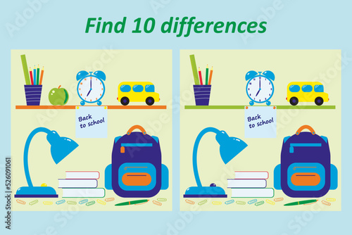 Educational game for kids. Back to school. Find 10 differences in the pictures. 