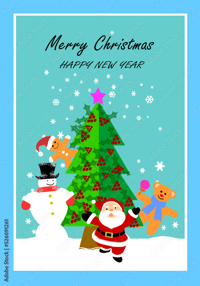 Santa Claus and friends cheerful at Chrismas time with snow,wallpaper,card,greeting.