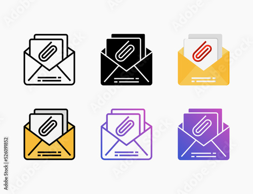 Attached icon set with different styles. Style line, outline, flat, glyph, color, gradient. Can be used for digital product, presentation, print design and more.
